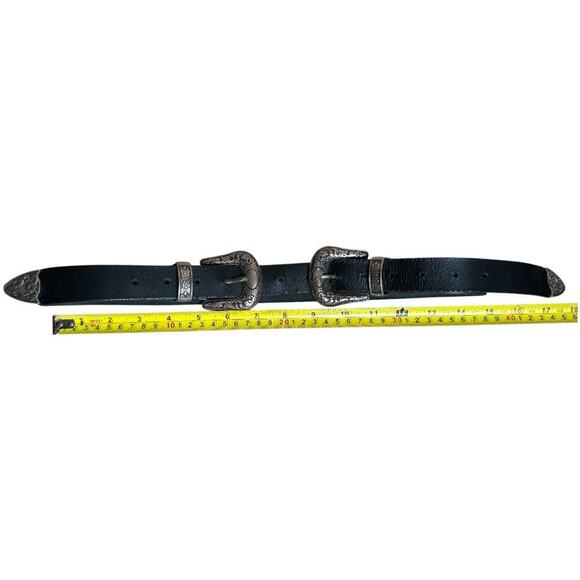 Double Buckle Black WESTERN LEATHER Southwestern Adjustable Belt Silver Buckle - Picture 3 of 4